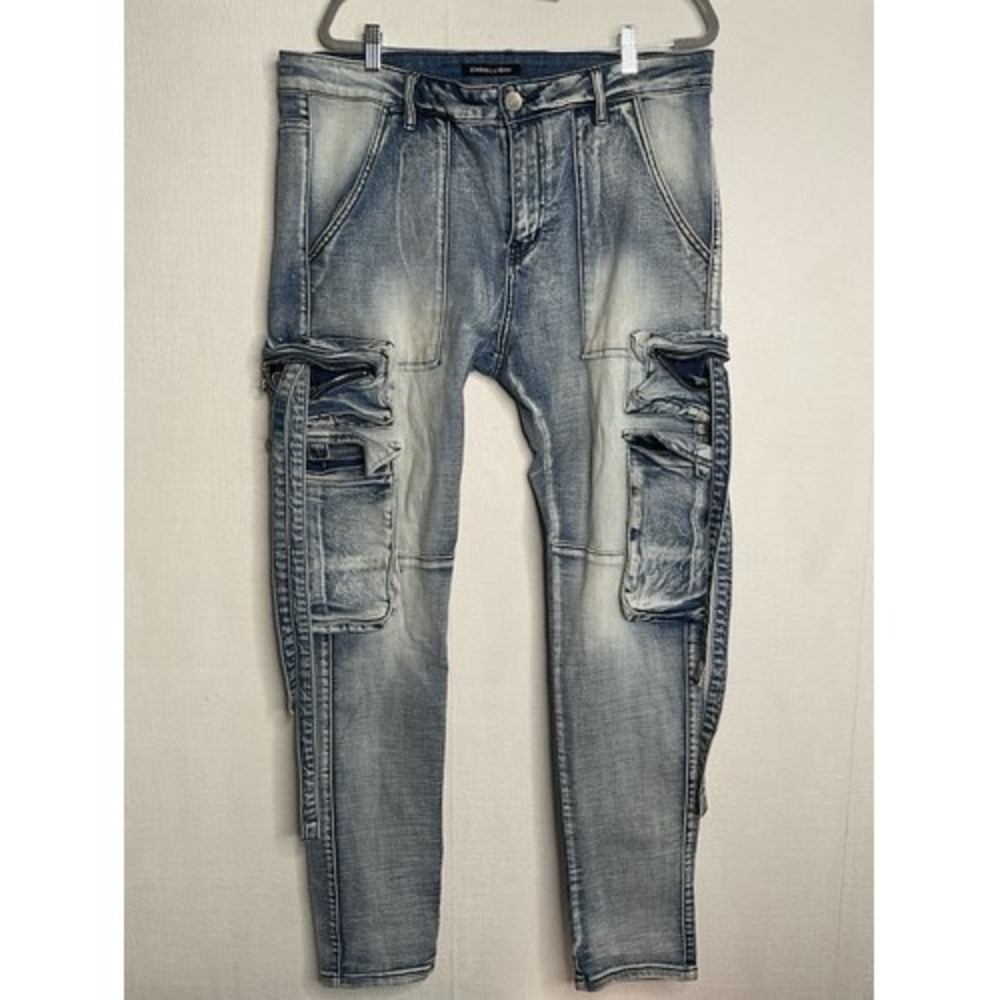Embellish Blue Pockets Stone Wash Cargo Moto Hawk Biker Jeans Men 38 China